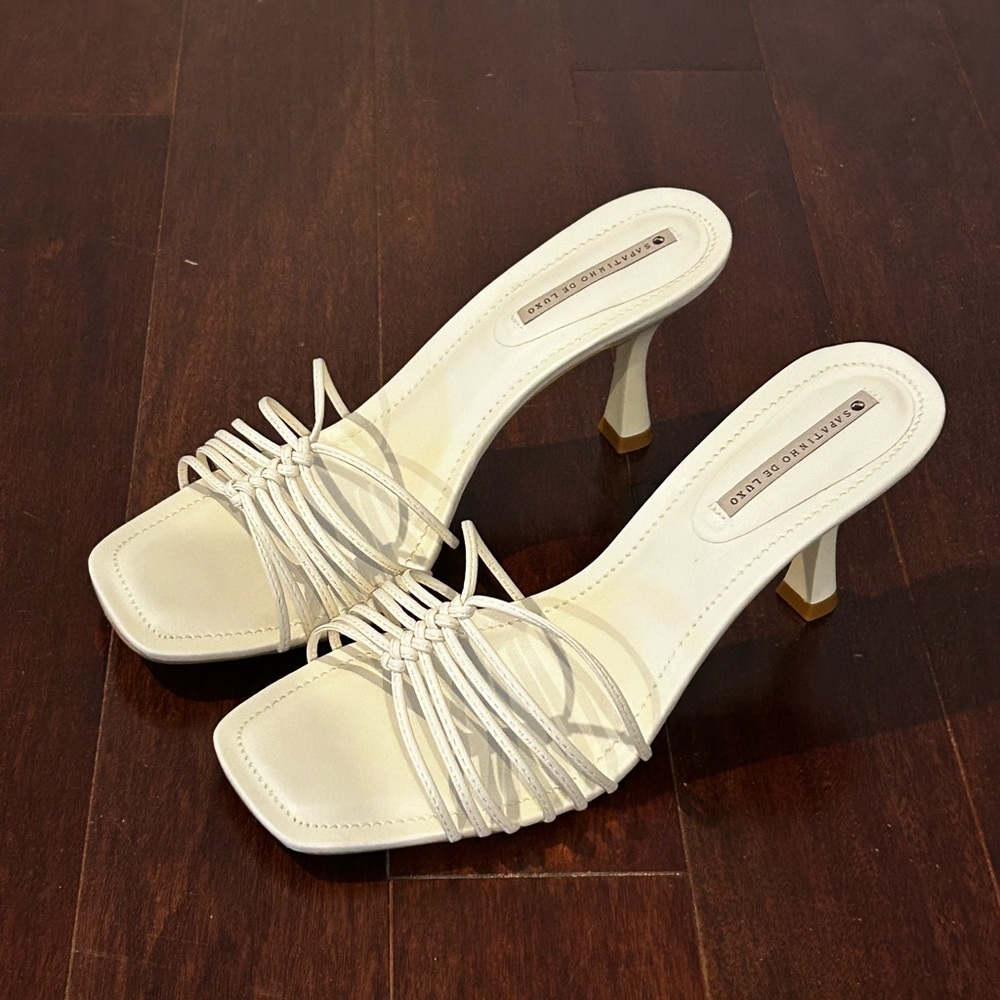 Fishtail Braided white leather Strap Stiletto Heels mules size 10 new in box